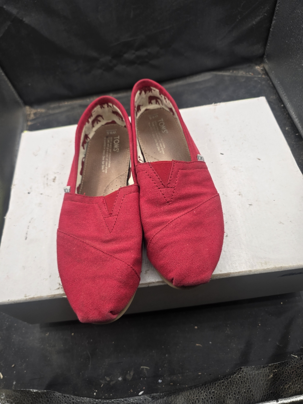 Toms Red and Tan Slip-On Shoe Interior with Animal Print Lining